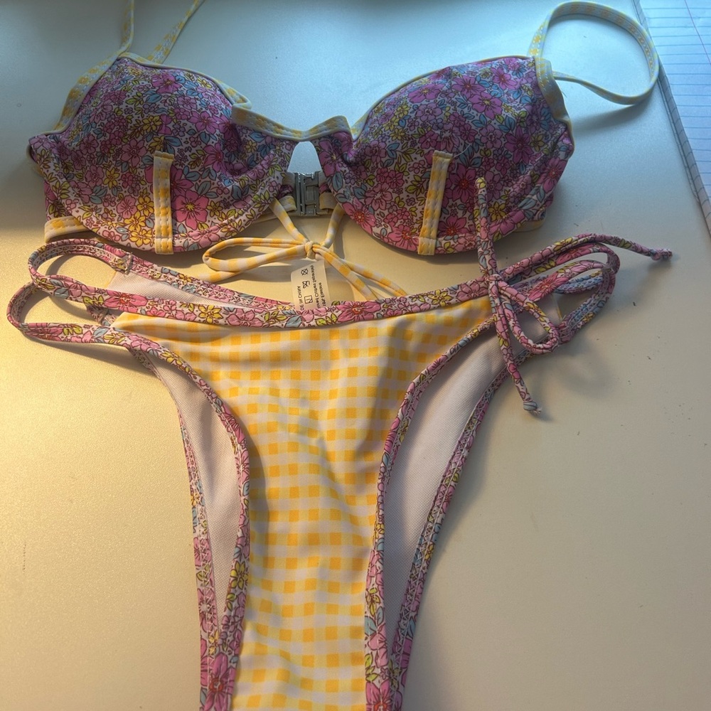 Shein Pink Floral and Yellow Gingham Bikini